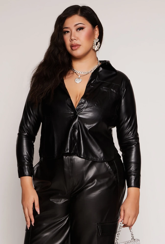 Womens Plus Size Faux Leather Cropped Shirt, Black, Size 1X