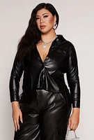 Womens Plus Size Faux Leather Cropped Shirt, Black, Size 3X