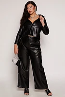 Womens Plus Size Faux Leather Cropped Shirt, Black, Size 3X