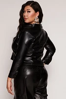 Womens Plus Size Faux Leather Cropped Shirt, Black, Size 3X