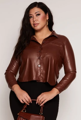 Womens Plus Size Faux Leather Cropped Shirt, Brown, Size 2X