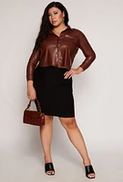 Womens Plus Size Faux Leather Cropped Shirt, Brown, Size 2X