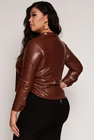 Womens Plus Size Faux Leather Cropped Shirt, Brown, Size 2X