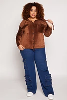 Womens Plus Size Velour Ribbed Hooded Shirt, Brown, Size 2X