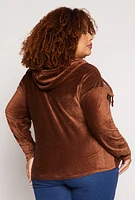 Womens Plus Size Velour Ribbed Hooded Shirt, Brown, Size 2X