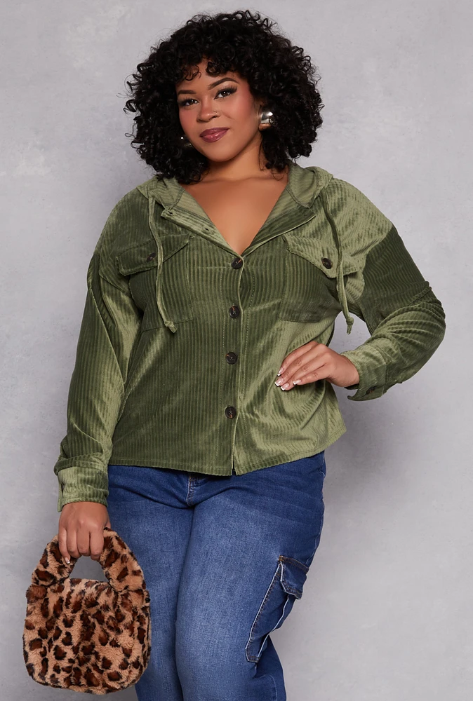 Womens Plus Size Velour Ribbed Hooded Shirt, Green, Size 4X