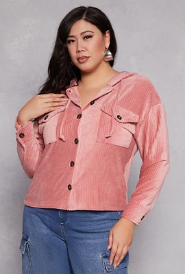 Womens Plus Size Velour Ribbed Hooded Shirt, Pink, Size 2X