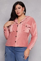 Womens Plus Size Velour Ribbed Hooded Shirt, Pink, Size 2X