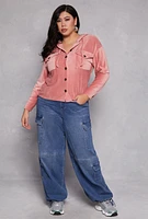 Womens Plus Size Velour Ribbed Hooded Shirt, Pink, Size 2X