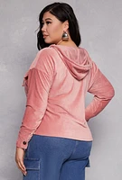 Womens Plus Size Velour Ribbed Hooded Shirt, Pink, Size 2X