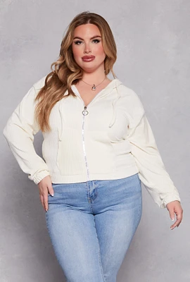 Womens Plus Size Velour Zip Front Hoodie, White, Size 2X