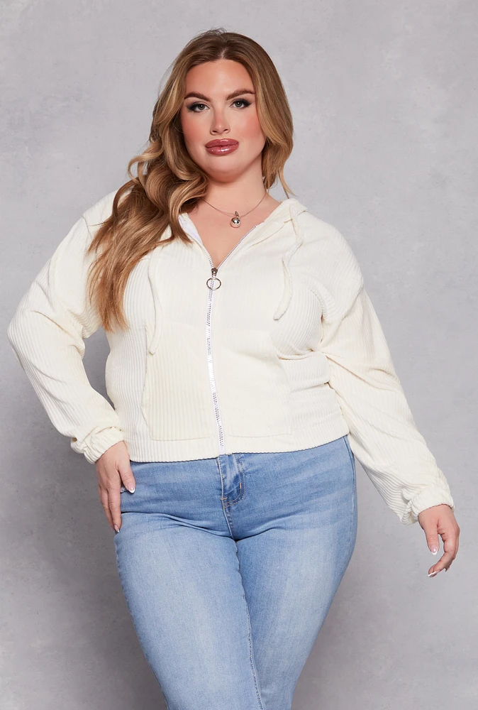 Womens Plus Size Velour Zip Front Hoodie, White, Size 4X
