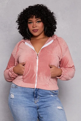 Womens Plus Size Velour Zip Front Hoodie, Pink, Size 2X