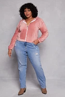 Womens Plus Size Velour Zip Front Hoodie, Pink, Size 2X