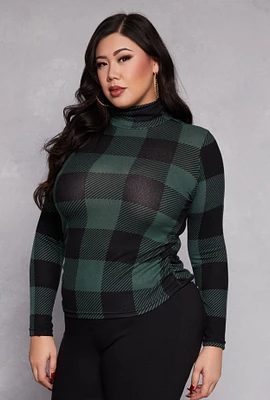 Womens Plus Size Buffalo Plaid Mock Neck Top, Green, Size 4X