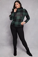 Womens Plus Size Buffalo Plaid Mock Neck Top, Green, Size 4X