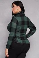 Womens Plus Size Buffalo Plaid Mock Neck Top, Green, Size 4X
