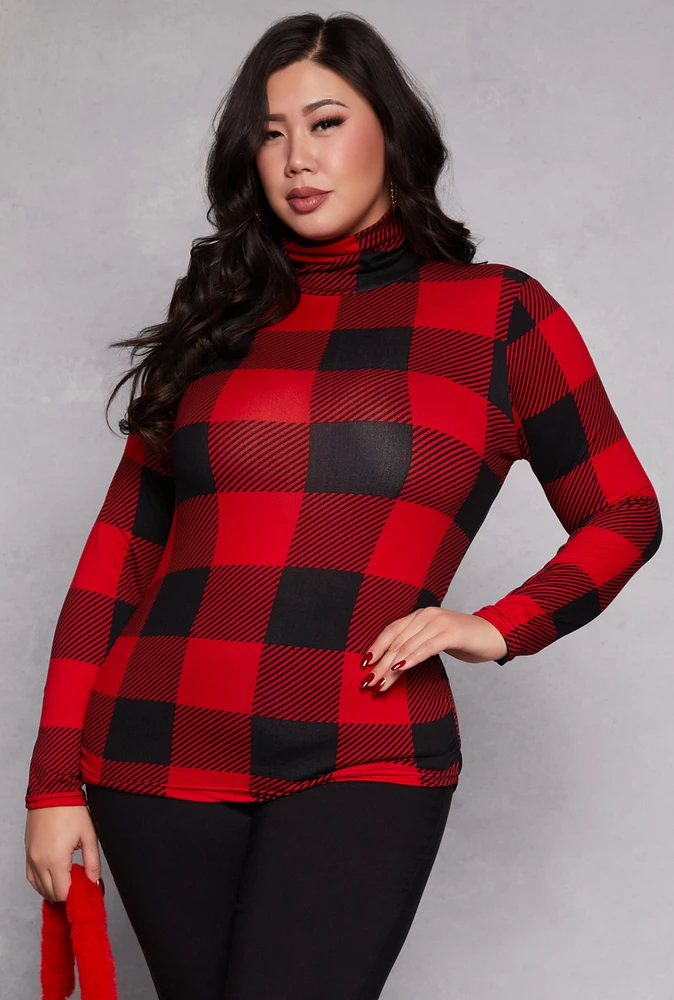 Womens Plus Size Buffalo Plaid Mock Neck Top, Red, Size 3X