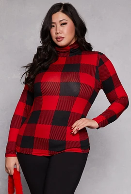 Womens Plus Size Buffalo Plaid Mock Neck Top, Red, Size 3X
