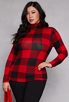 Womens Plus Size Buffalo Plaid Mock Neck Top, Red, Size 3X