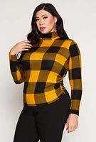 Womens Plus Size Buffalo Plaid Mock Neck Top, Yellow, Size 2X