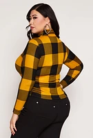 Womens Plus Size Buffalo Plaid Mock Neck Top, Yellow, Size 2X