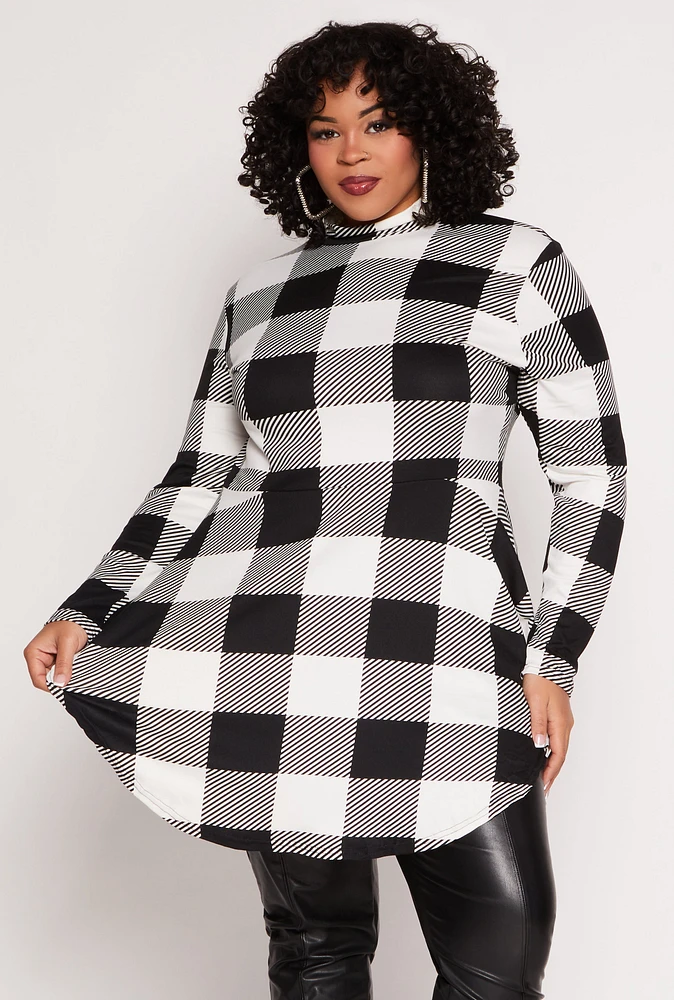 Womens Plus Size Buffalo Plaid Mock Neck Peplum Top, Multi, Size 3X