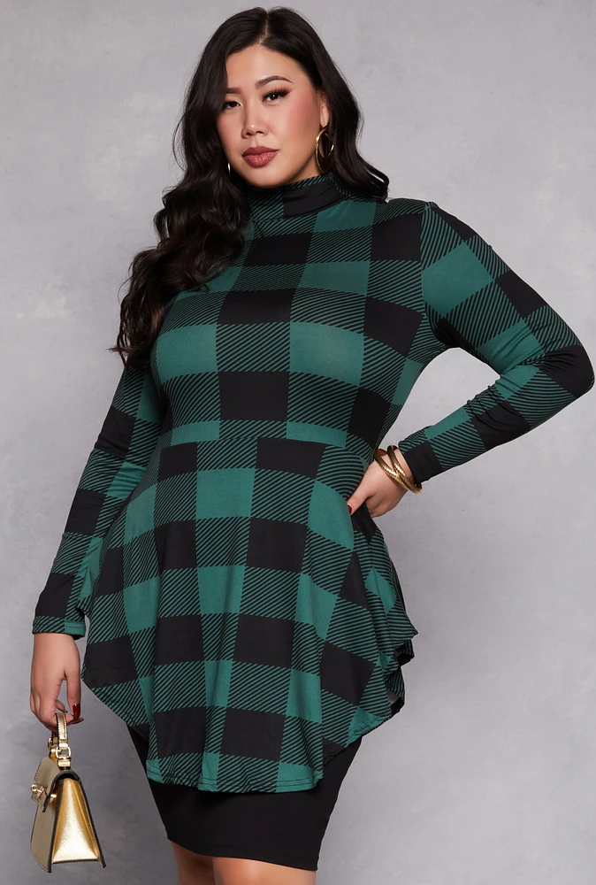 Womens Plus Buffalo Plaid Mock Neck Peplum Top,