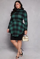 Womens Plus Buffalo Plaid Mock Neck Peplum Top,