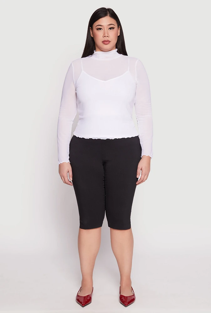 Womens Plus Size Lined Mesh Mock Neck Top, White, Size 1X