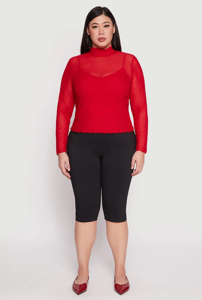 Womens Plus Lined Mesh Mock Neck Top, Red,