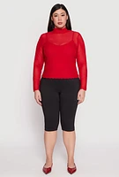 Womens Plus Lined Mesh Mock Neck Top, Red,