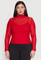 Womens Plus Lined Mesh Mock Neck Top, Red,