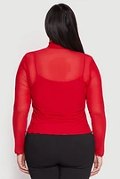 Womens Plus Lined Mesh Mock Neck Top, Red,