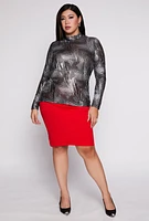 Womens Plus Size Foil Screen Mock Neck Long Sleeve Top, Grey, Size 2X