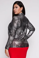 Womens Plus Size Foil Screen Mock Neck Long Sleeve Top, Grey, Size 2X