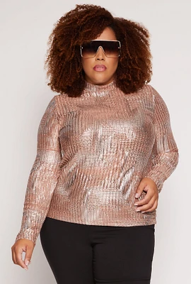 Womens Plus Size Foil Screen Mock Neck Long Sleeve Top, Brown, Size 2X