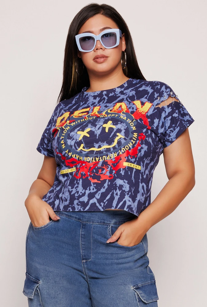 Womens Plus Size Safety Pin Detail Raw Hem Graphic Tee, Blue, Size 2X