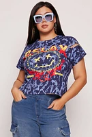 Womens Plus Size Safety Pin Detail Raw Hem Graphic Tee, Blue, Size 2X