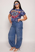 Womens Plus Size Safety Pin Detail Raw Hem Graphic Tee, Blue, Size 2X