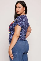 Womens Plus Size Safety Pin Detail Raw Hem Graphic Tee, Blue, Size 2X