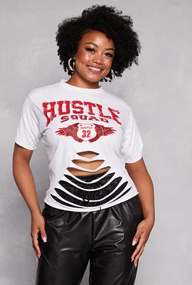 Womens Plus Size Hustle Squad Laser Cut Short Sleeve Graphic Tee, White, Size 2X