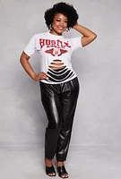 Womens Plus Hustle Squad Laser Cut Short Sleeve Graphic Tee, White,