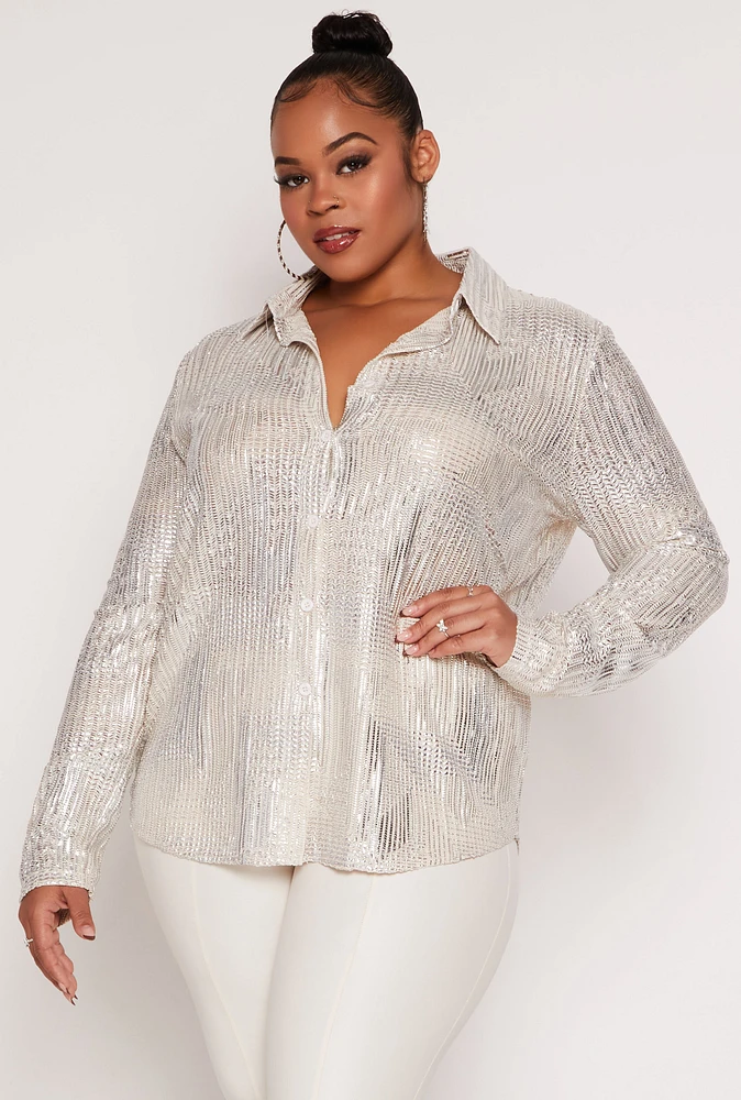 Womens Plus Size Metallic Patterned Shirt, Grey, Size 3X