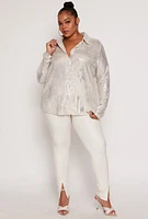 Womens Plus Size Metallic Patterned Shirt, Grey, Size 3X