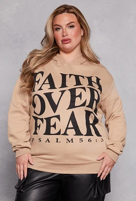 Womens Plus Size Faith Over Fear Fleece Hoodie, Beige, Size 2X