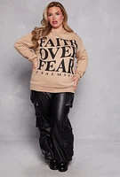 Womens Plus Size Faith Over Fear Fleece Hoodie, Beige, Size 2X