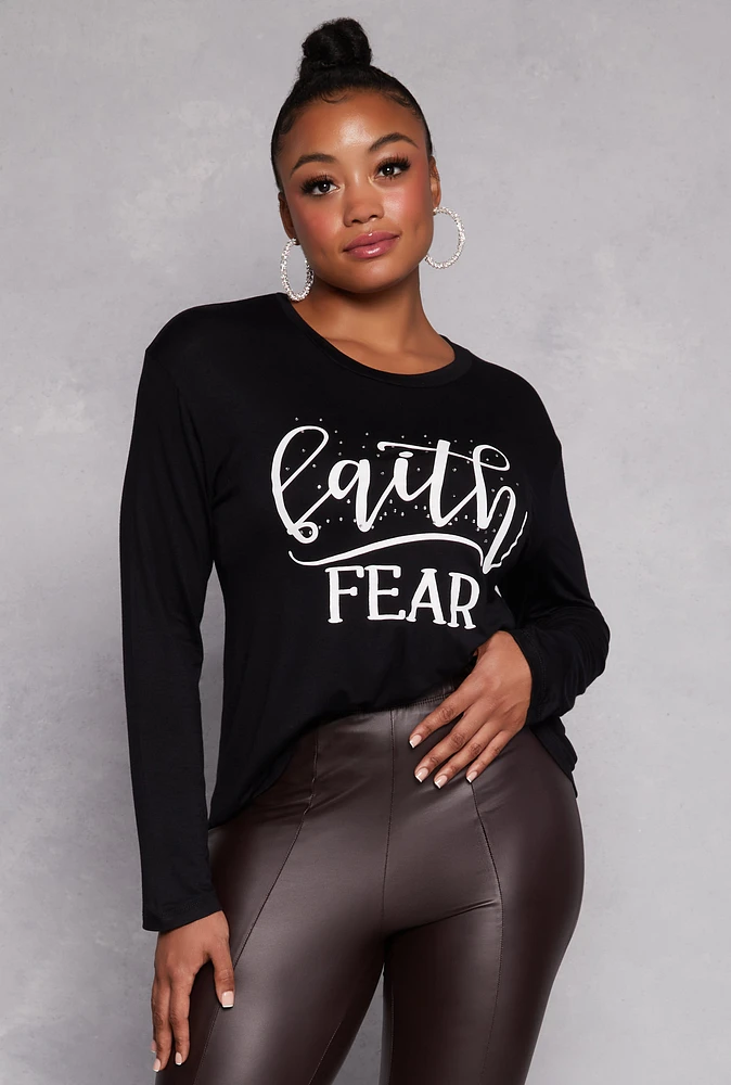 Womens Plus Faith Fear Long Sleeve Top,