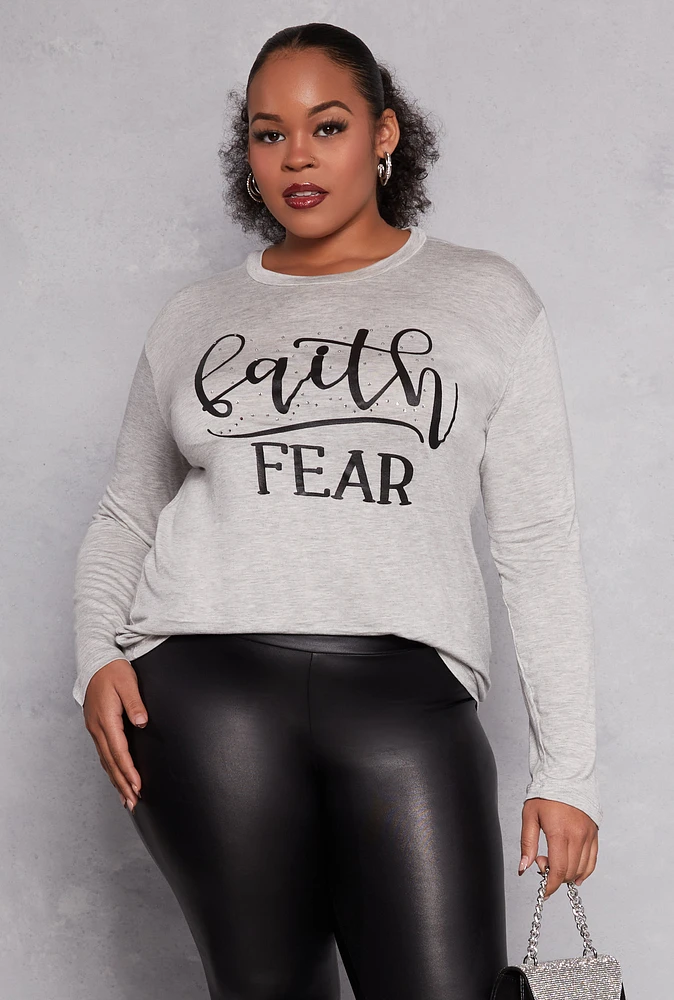 Womens Plus Faith Fear Long Sleeve Top, 2X