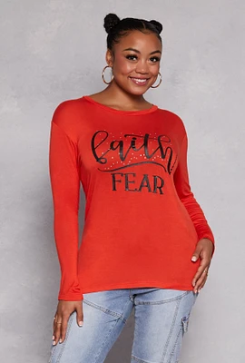 Womens Plus Size Faith Fear Long Sleeve Top, Red, Size 3X